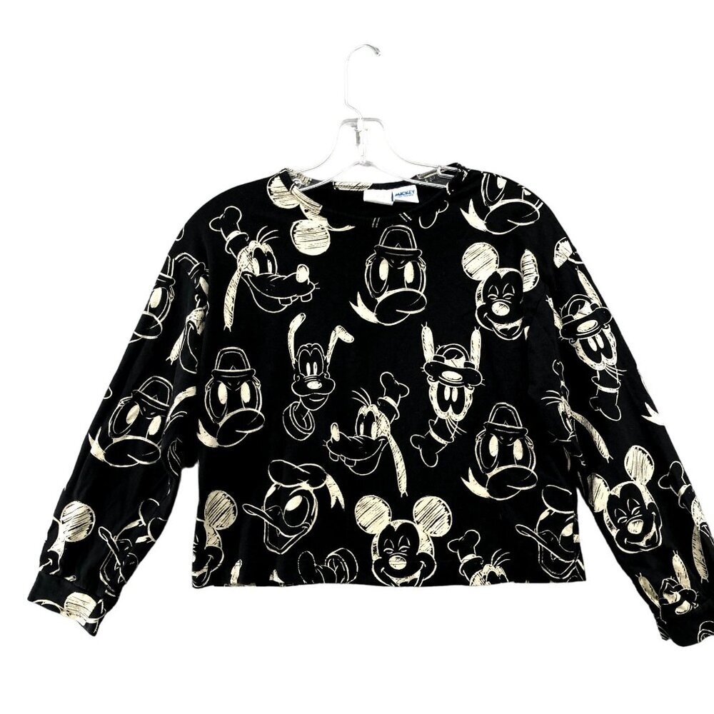 Zara Girls 13-14 Disney Long Sleeve Cropped T Shirt Black Beige Mickey & Friends
